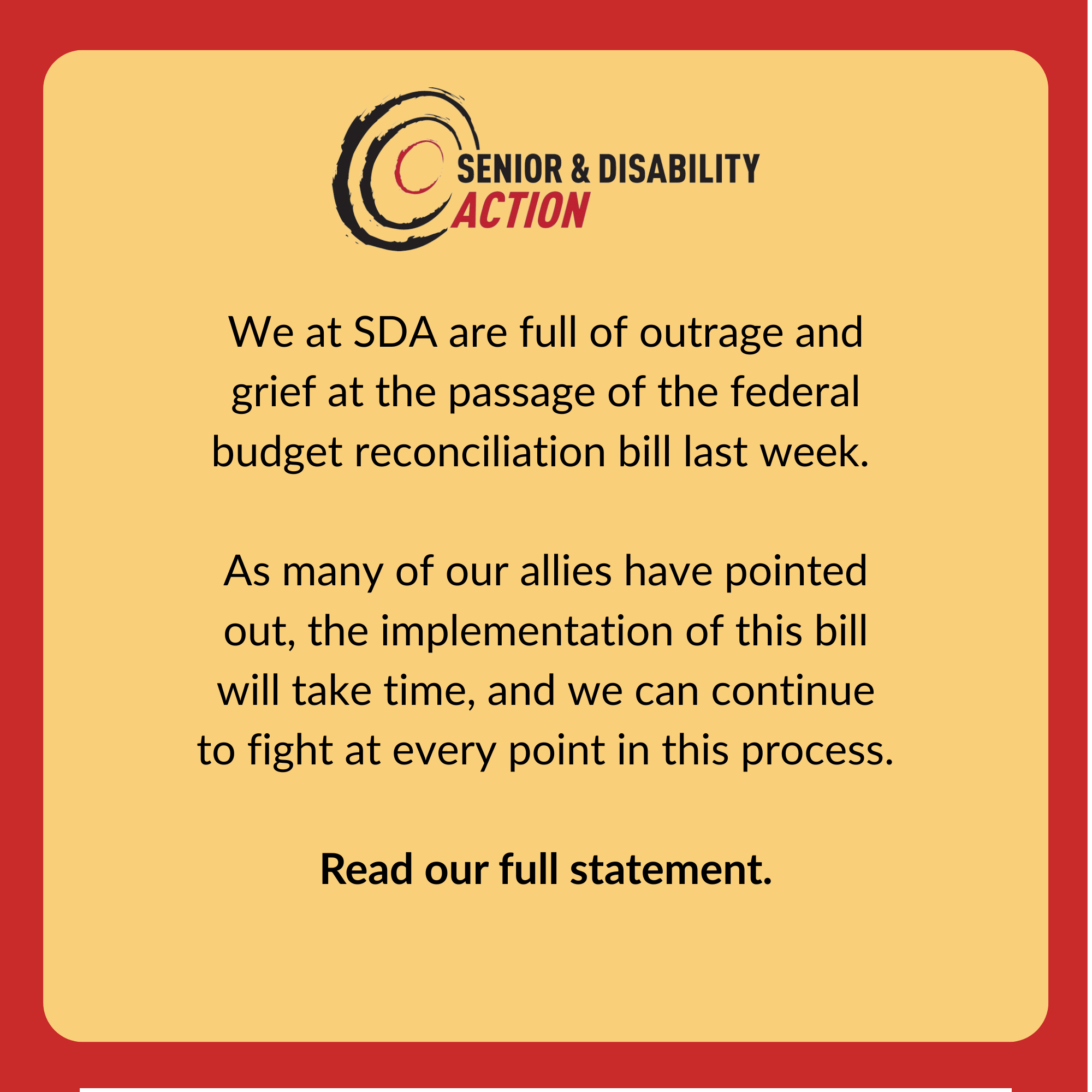 Yellow background and red border. SDA's logo at the top. Text previews the statement on the federal budget bill.