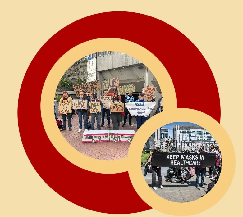 A red circle with two yellow circles inside it, each framing a photo. One is a photo of a pro-transit rally, and one is of people holding a banner that says "keep masks in healthcare".