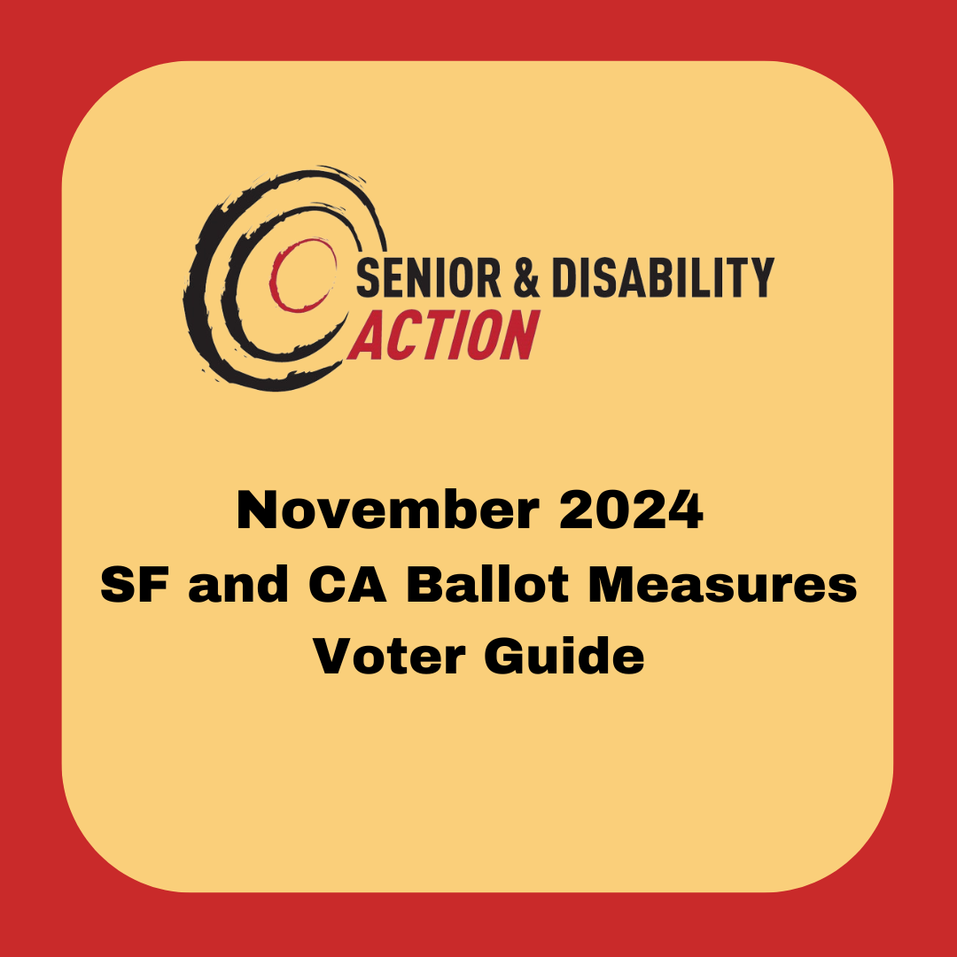 A graphic with a red border and yellow background and SDA's logo at the top. Text reads: November 2024 SF and CA Ballot Measures Voter Guide.