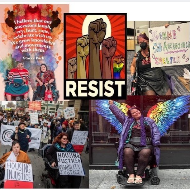 a collage of images of Maya, a person in a wheelchair, and other people at actions and events, wearing rainbow wings, and a poster that says Resist