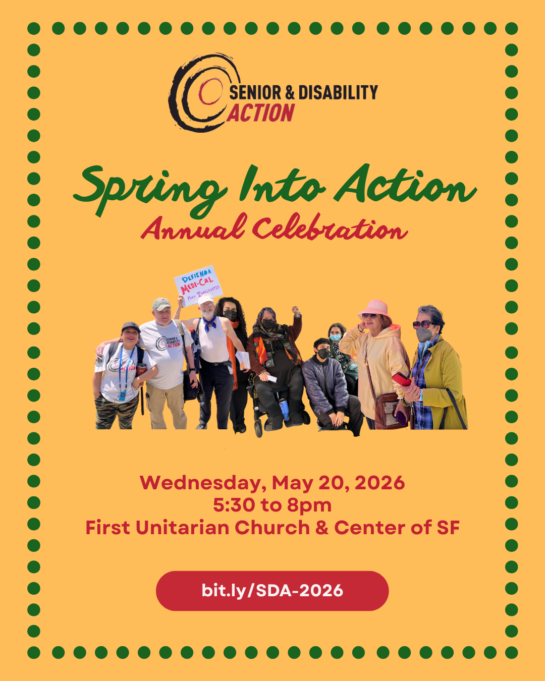 Folleto para la Celebración Anual "Entra en Acción" de Senior & Disability Action. Detalles del evento: miércoles 20 de mayo de 2026, 5:30 a 8:00 p. m., Primera Iglesia Unitaria y Centro de SF. Enlace: [bit.ly/SDA-2026]
