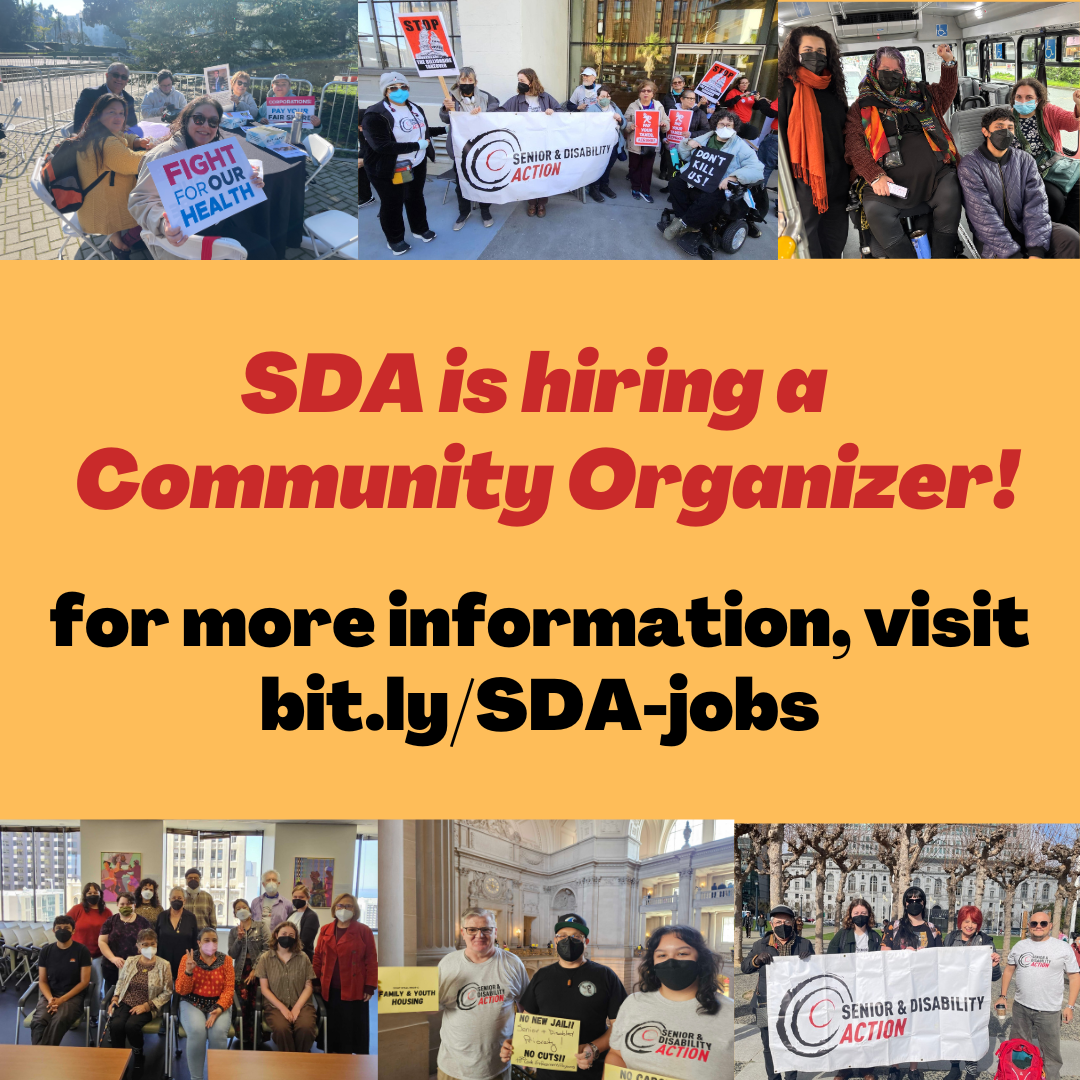 A graphic with banner images on the top and bottom of SDA staff and members at rallies and meetings. Text of the graphic reads: SDA is hiring a Community Organizer! for more information, visit bit.ly/SDA-jobs.