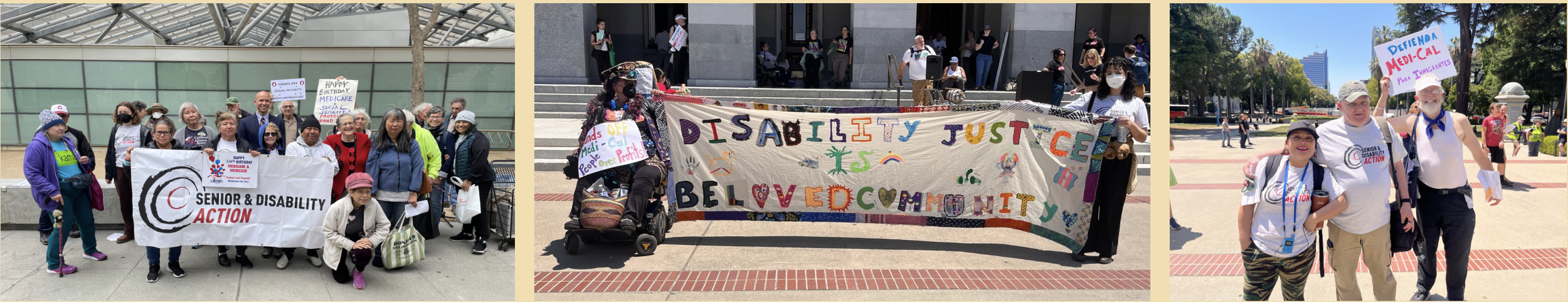 A banner with three photos of SDA staff and members at actions, with an SDA banner and a banner that says "Disability justice is beloved community."