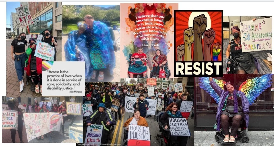 a collage of images of Maya, a person in a wheelchair, and other people at actions and events, wearing rainbow wings, and a poster that says Resist