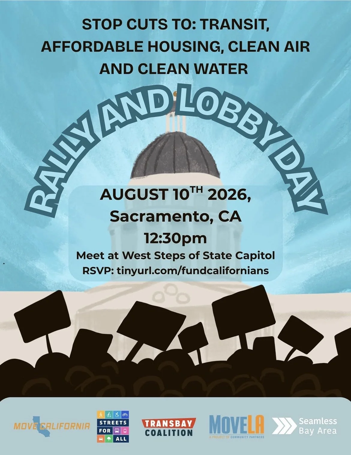 Un folleto para la concentración y la jornada de cabildeo en el Capitolio de Sacramento, el 10 de agosto, a favor de programas de transporte público, vivienda asequible y energía limpia.