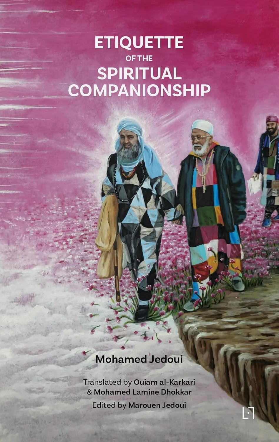 A painting of two elderly men walking hand-in-hand through a pink field of flowers, dressed in traditional and colorful clothing. One man is wearing a white turban and patterned suit, and the other is in a white cap and colorful patchwork garment. Th