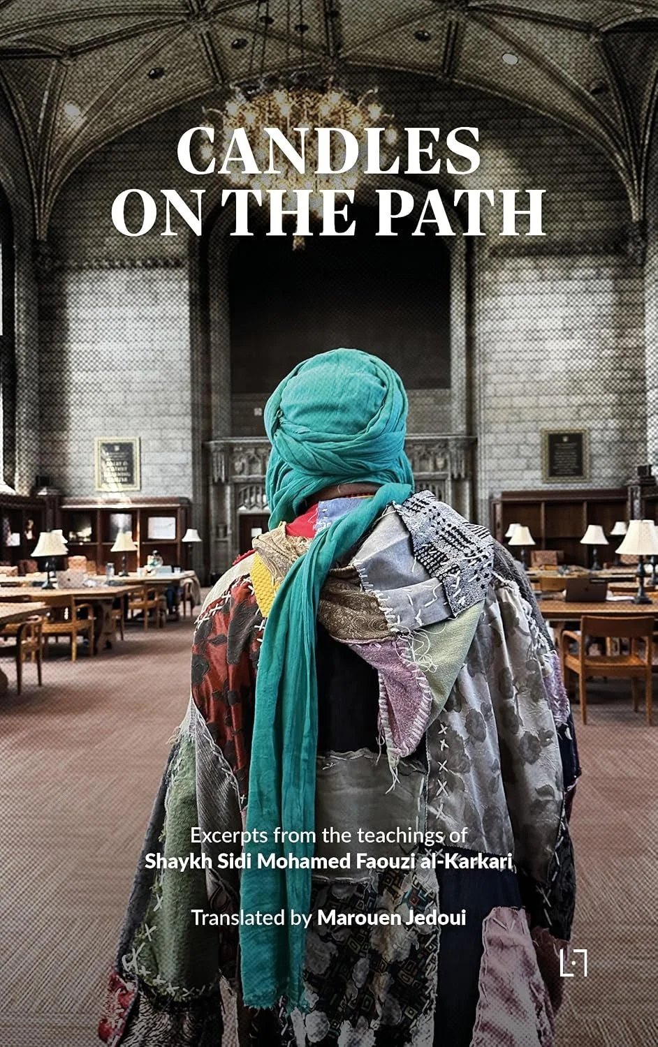 A person with a turquoise headwrap and multicolored patchwork clothing stands inside a grand library or historic building, with high arched ceilings, chandeliers, and wooden tables with lamps. Overlaid text reads 'CANDLES ON THE PATH' and credits the