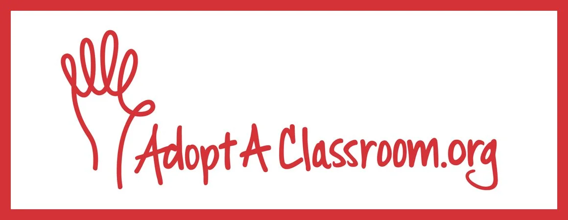 Logo for AdoptAClassroom.org featuring a red hand outline and red text on a white background, bordered in red
