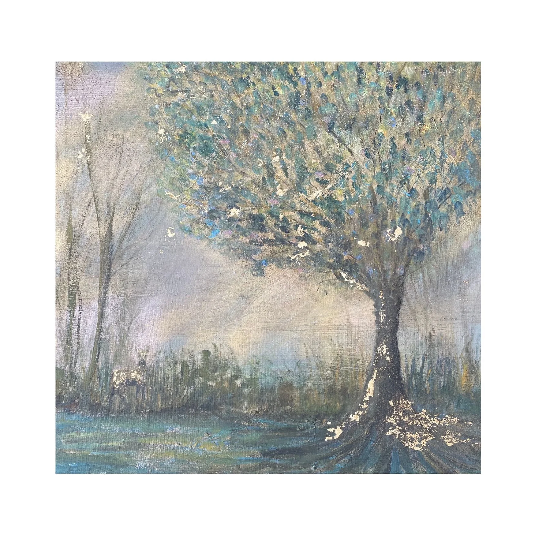 beautiful picture of a gold-flecked deer sheltering below trees next to a flowing stream and a large tree with golden flecks and deep roots