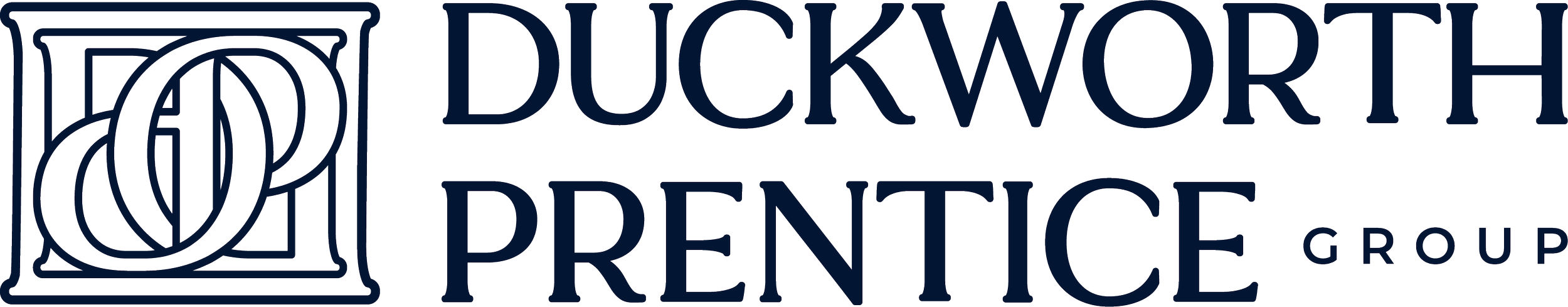 The logo of Duckworth Pren­tice Group, featuring stylized initials 'D' and 'P' inside a decorative square border.