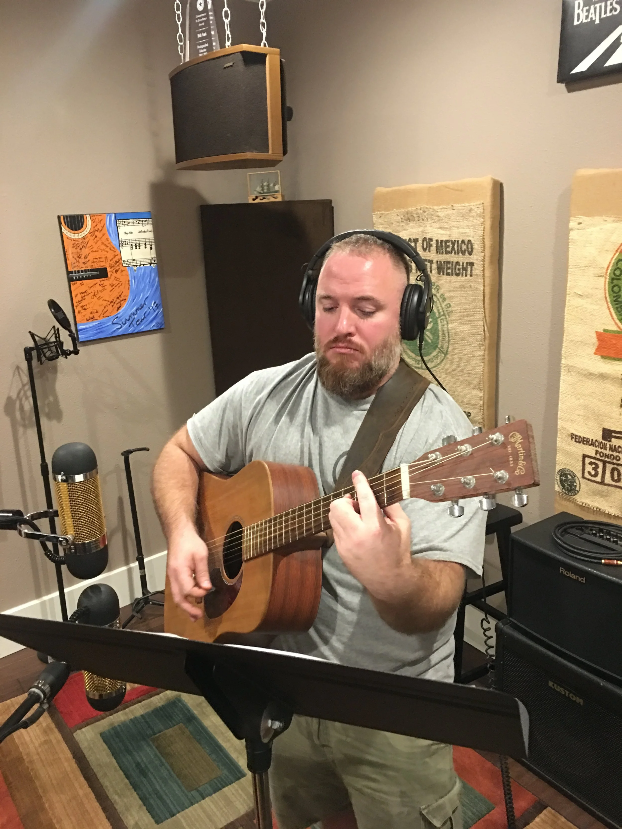 Acoustic guitar recording session at Studio 2.0 in Seguin, Texas