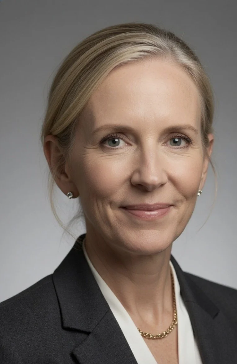 Jennifer Anikst. Personal Strategist. A professional woman with blonde hair in a bun, wearing a black blazer, white shirt, pearl earrings, and a gold chain necklace, posing against a gray background.
