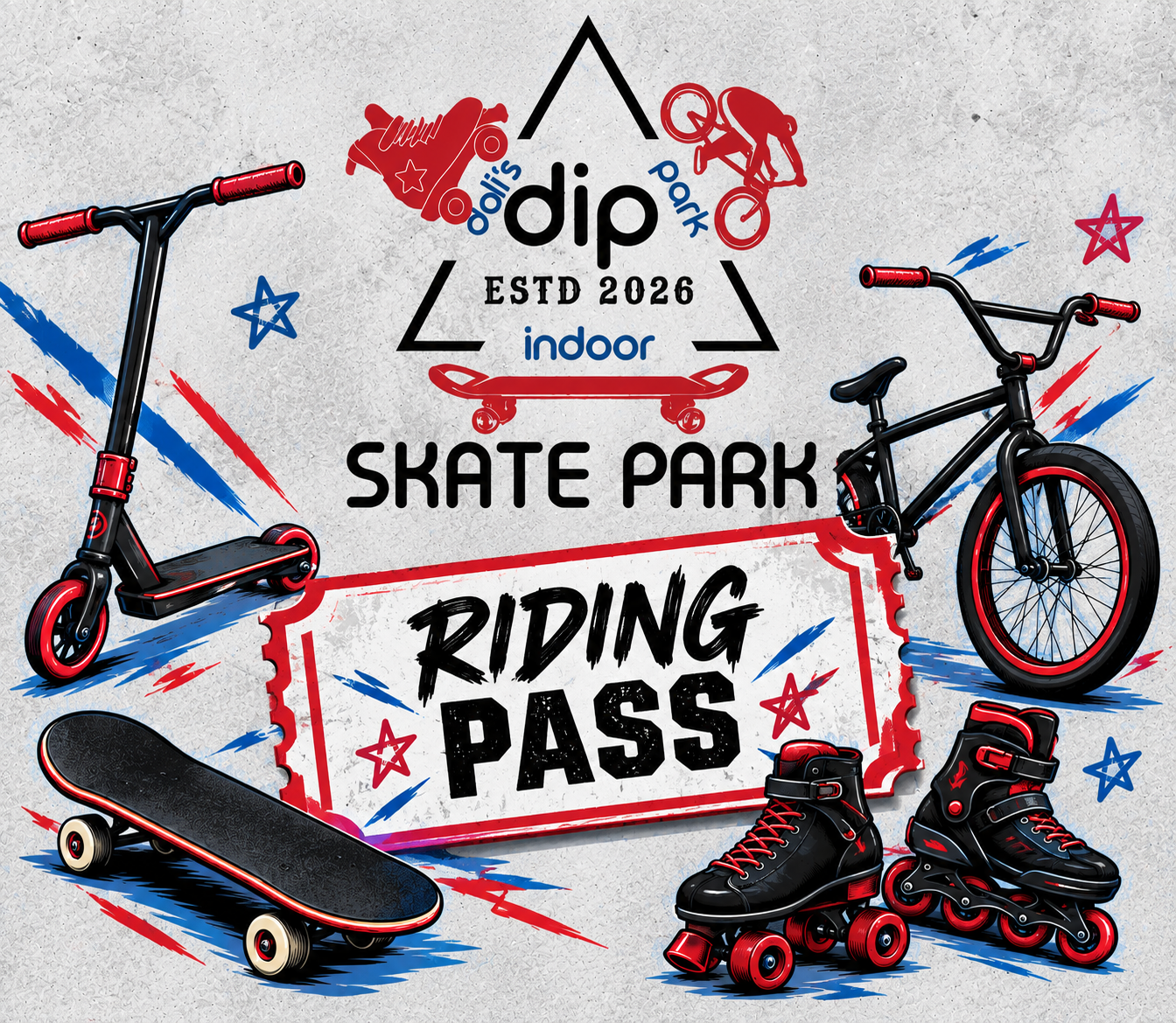Graphic poster with skating and biking equipment, including a scooter, skateboard, inline skates, and bikes. Text includes 'Dollis Park', 'ESTD 2026', 'indoor skate park', and 'Riding Pass'.