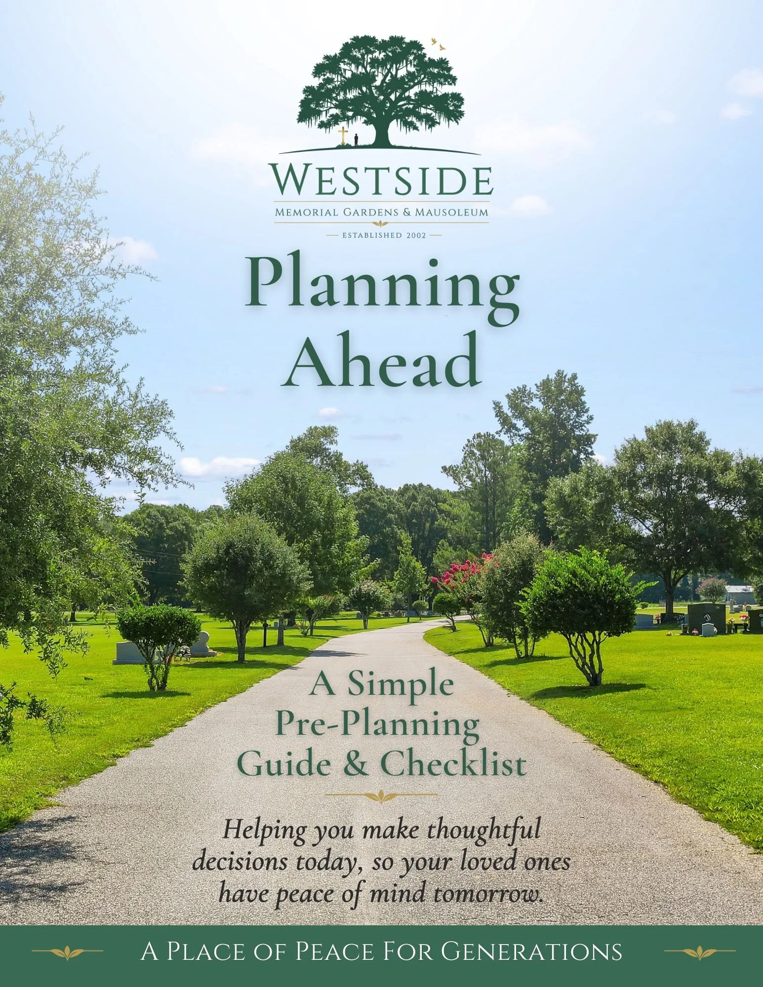 Brochure cover for Westside Memorial Gardens & Mausoleum featuring a park with a walking path, trees, and a large tree with a man and a cross underneath it. The text includes 'Planning Ahead: A Simple Pre-Planning Guide & Checklist' and a message about making thoughtful decisions for loved ones.