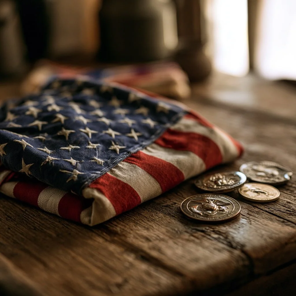 A folded American flag on a wooden surface with several coins nearby. The surface is rustic and the background is blurred, with natural light illuminating the scene.