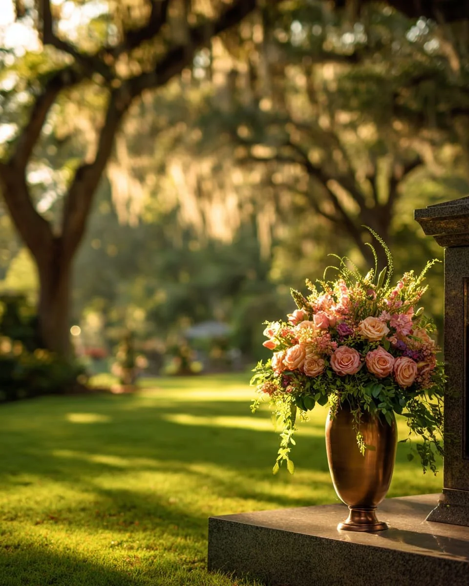 A bronze vase filled with pink and peach roses, flowers, and greenery placed on a granite memorial in a cemetery, with green grass and large trees in the background, illuminated by warm sunlight.