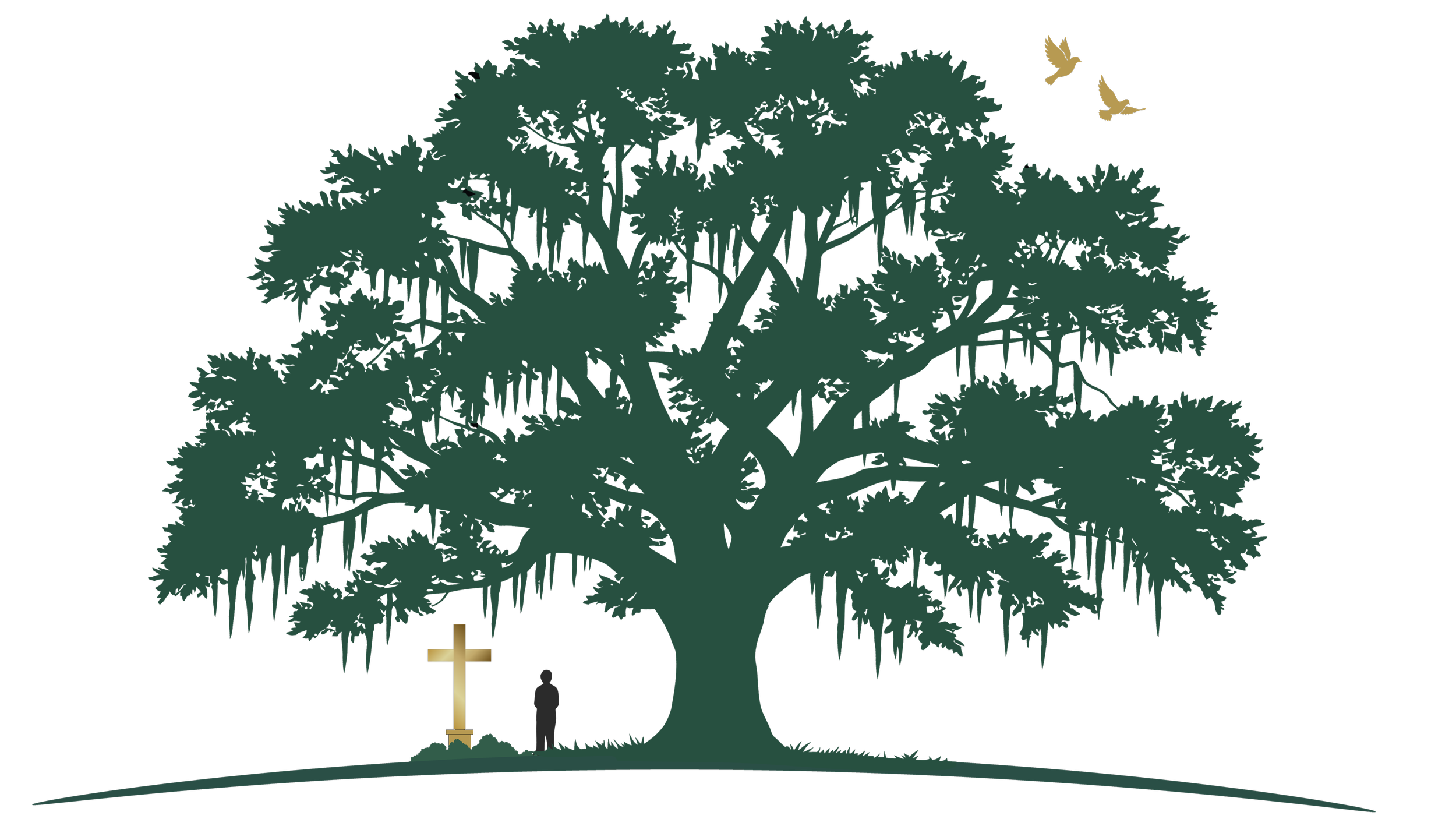 Silhouette of a large tree with hanging moss, a cross and a person standing alone near a grave, with two birds flying above, against a black background.