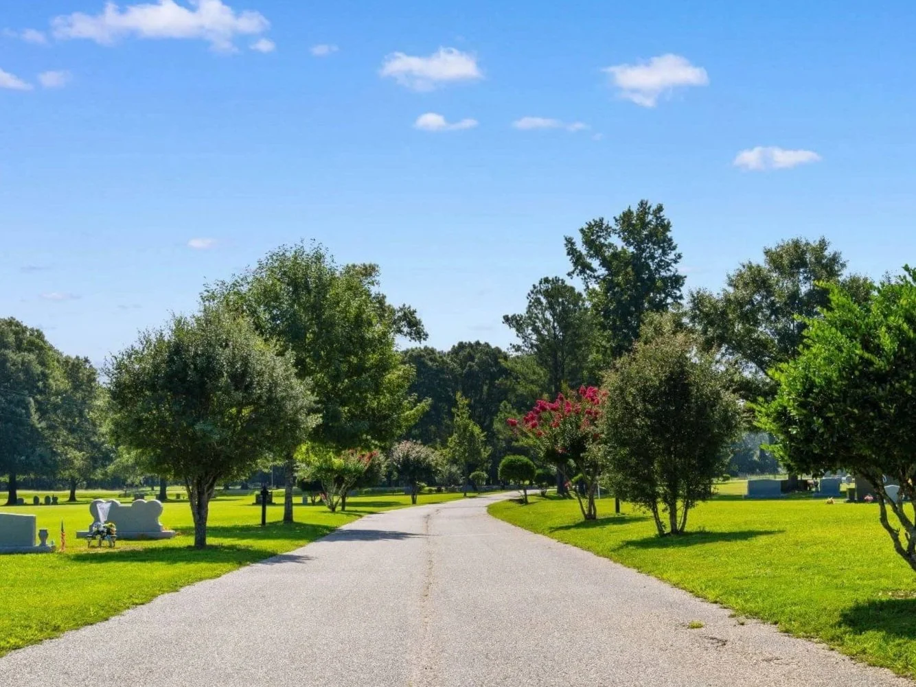 A serene cemetery scene with a paved pathway lined by trees and tombstones under a clear blue sky.