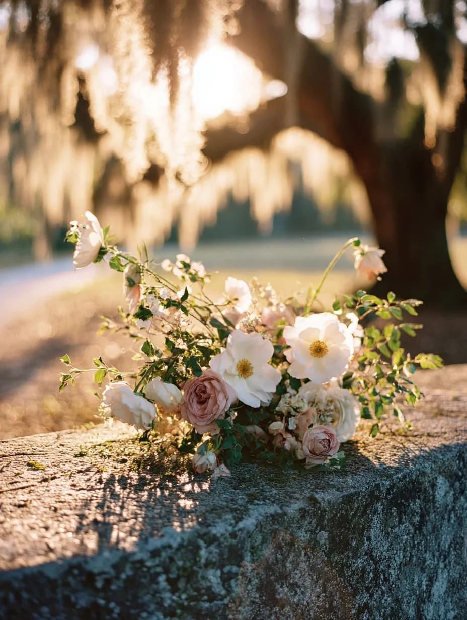 A bouquet of white and soft pink flowers resting on a stone surface outdoors, with a sunlit background of trees and greenery.