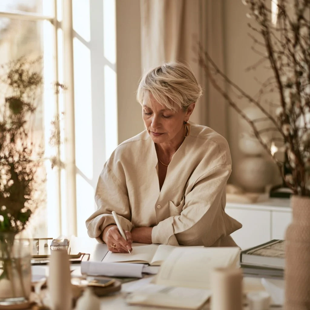 An elderly woman with short blonde hair writing in a notebook at a desk, surrounded by open books and decorative items, in a bright room with sunlight coming through a window.