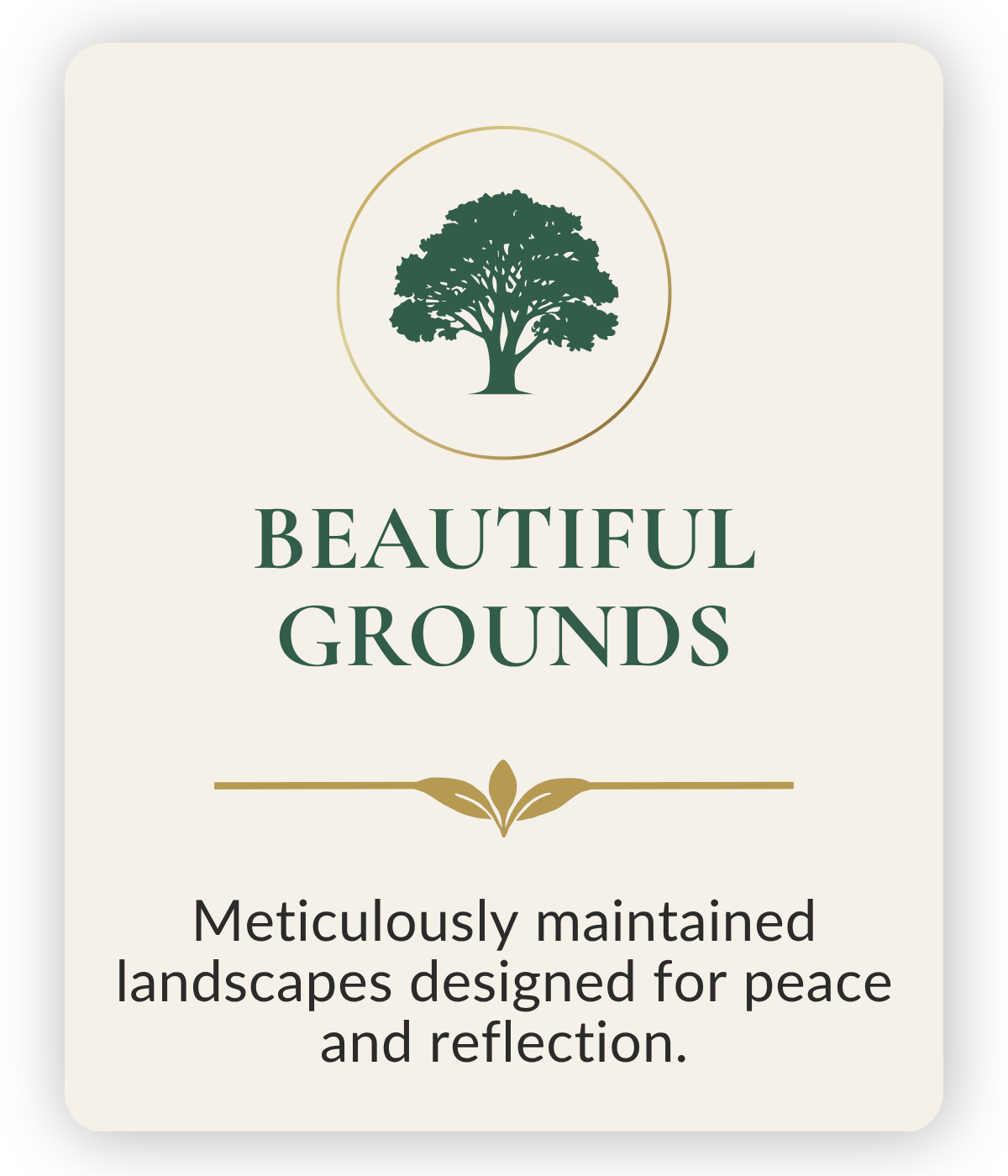 A logo for Beautiful Grounds featuring a tree inside a circle and the text 'BEAUTIFUL GROUNDS'. Below it, the phrase 'Meticulously maintained landscapes designed for peace and reflection' is written.