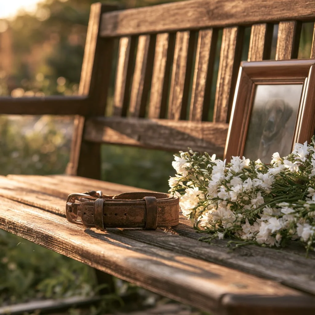 A rustic wooden bench with a brown leather belt, a framed photograph, and white flowers placed on it, set outdoors during golden hour.
