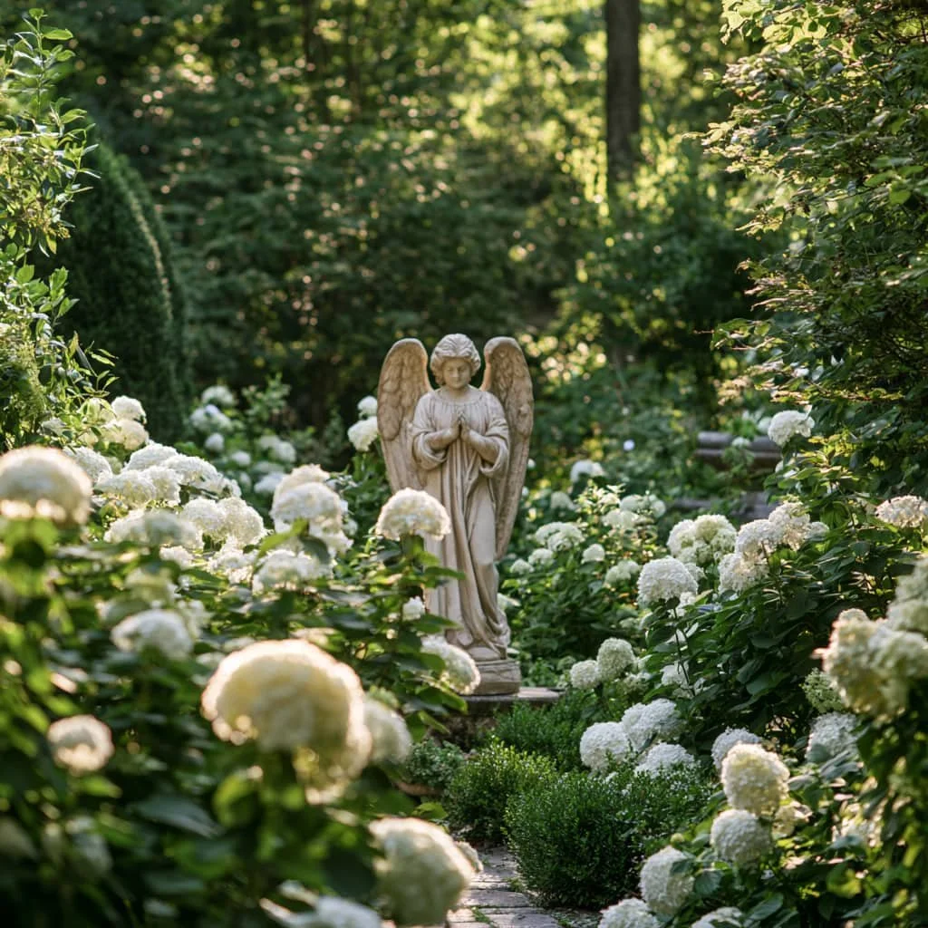 A garden pathway lined with white hydrangeas and green bushes, with a stone angel statue in the center and trees in the background.
