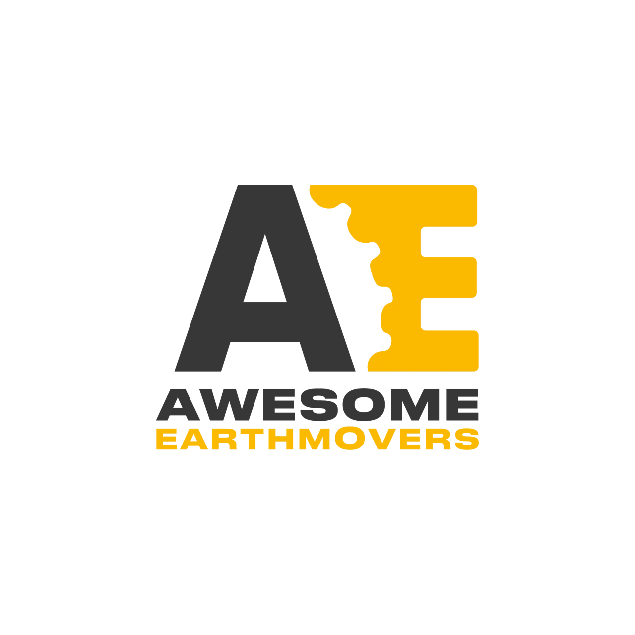 Logo with the text 'A E' in large letters, the 'E' stylized to resemble a tree, with the words 'AWESOME' in bold black and 'EARTHMOVERS' in yellow beneath.
