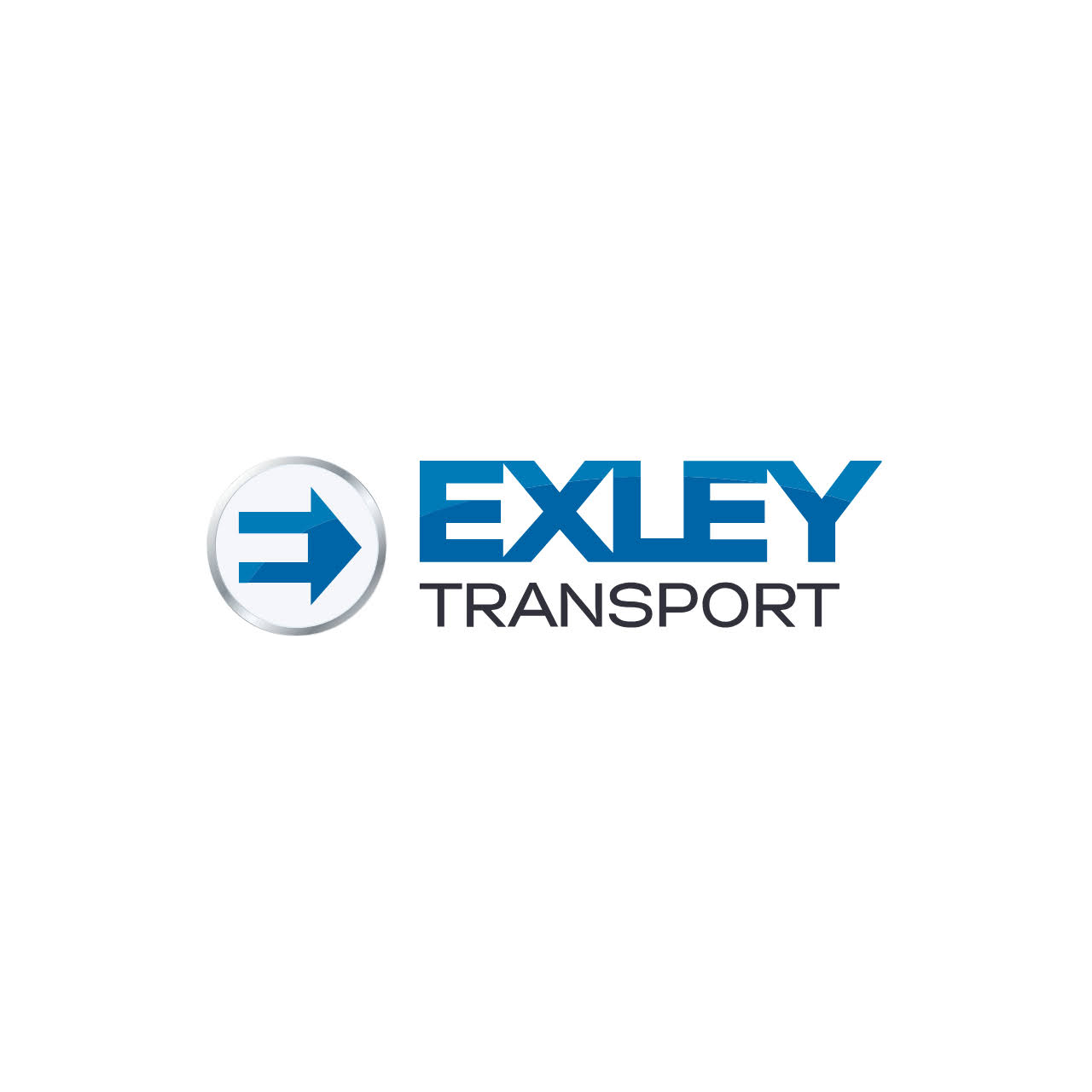 Logo of Exley Transport featuring a blue arrow inside a silver circle next to the words "Exley Transport" in blue and black text.