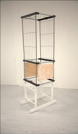 Cage, (side 1) 2025. Made from wood, metals, ceramics, and spray paints, sculpture - 48.4 x 49 x 163cm.