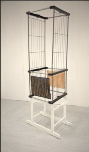 Cage, (sider 2) 2025. wood, metals, ceramics, and spray paints, sculpture - 48.4 x 49 x 163cm.