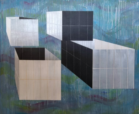 Four-Dimensional, 2025, acrylic, Posca pens, and oil pastels on canvas - 102.1 x 86.8cm.