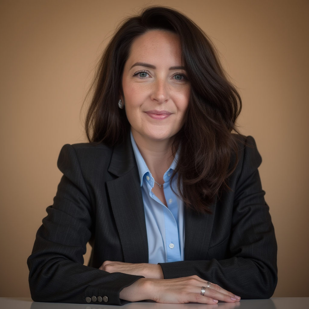 A woman with shoulder-length brown hair, wearing a black blazer over a blue collared shirt, sitting at a desk with her arms crossed, smiling at the camera against a beige background.
