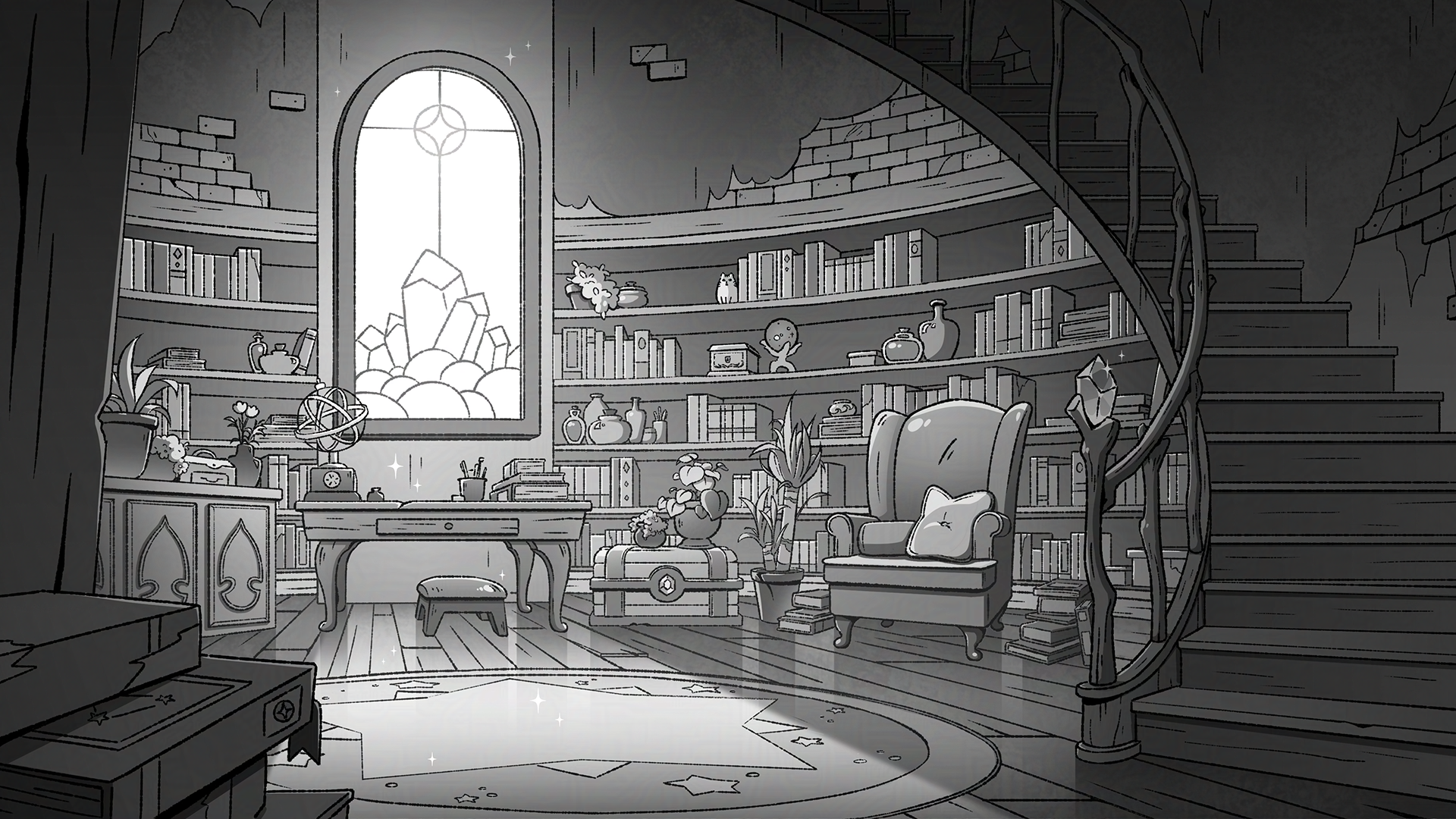 Illustration of the inside of the magical lighthouse, filled with bookshelves, a spiral staircase, and a large stained glass window.