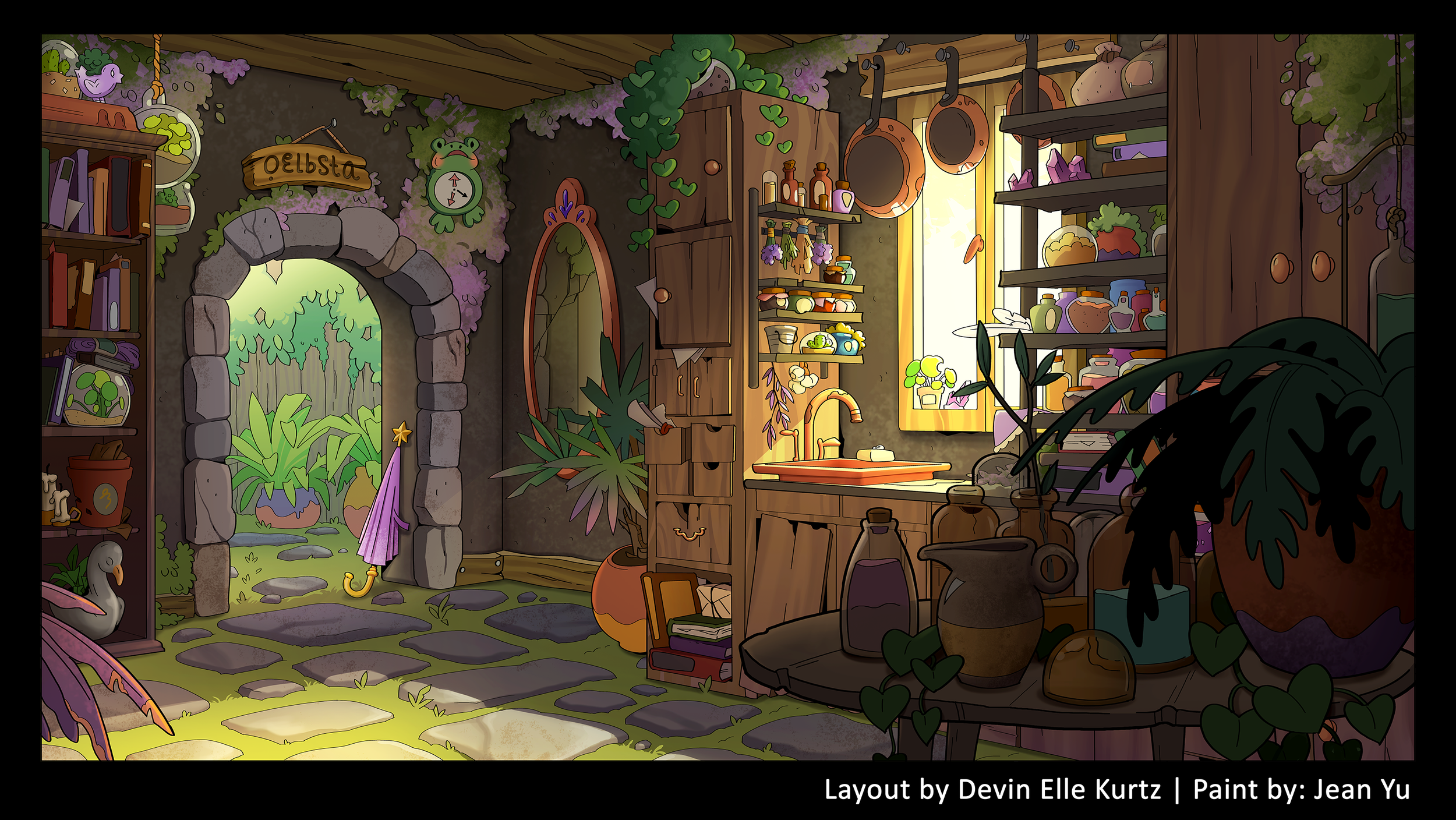 Interior of a witchy kitchen with jars, plants, and pans.