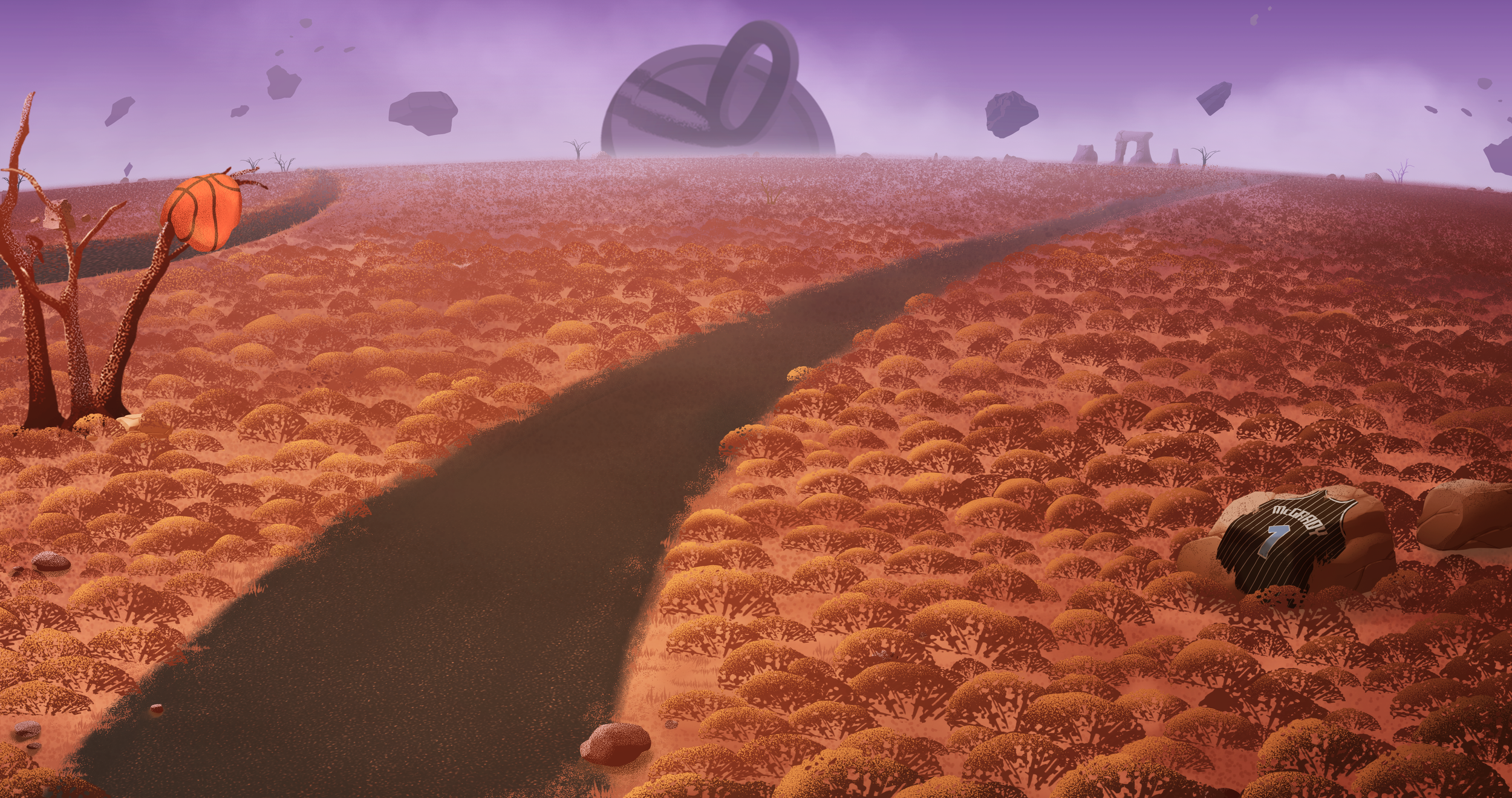 A surreal landscape with rolling hills covered in orange bushes, a dark winding path, and floating rocks, and a purple cloudy sky.