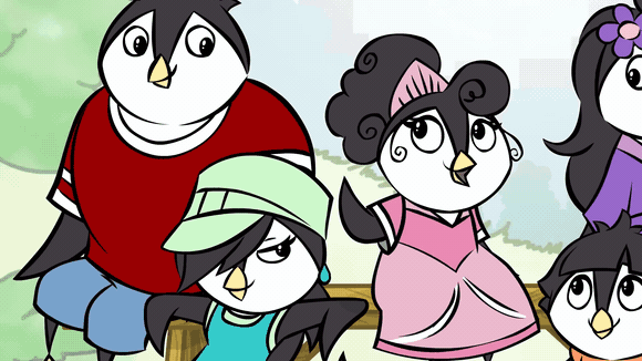 Group of animated penguin characters outdoors, with some wearing colorful clothing and accessories.