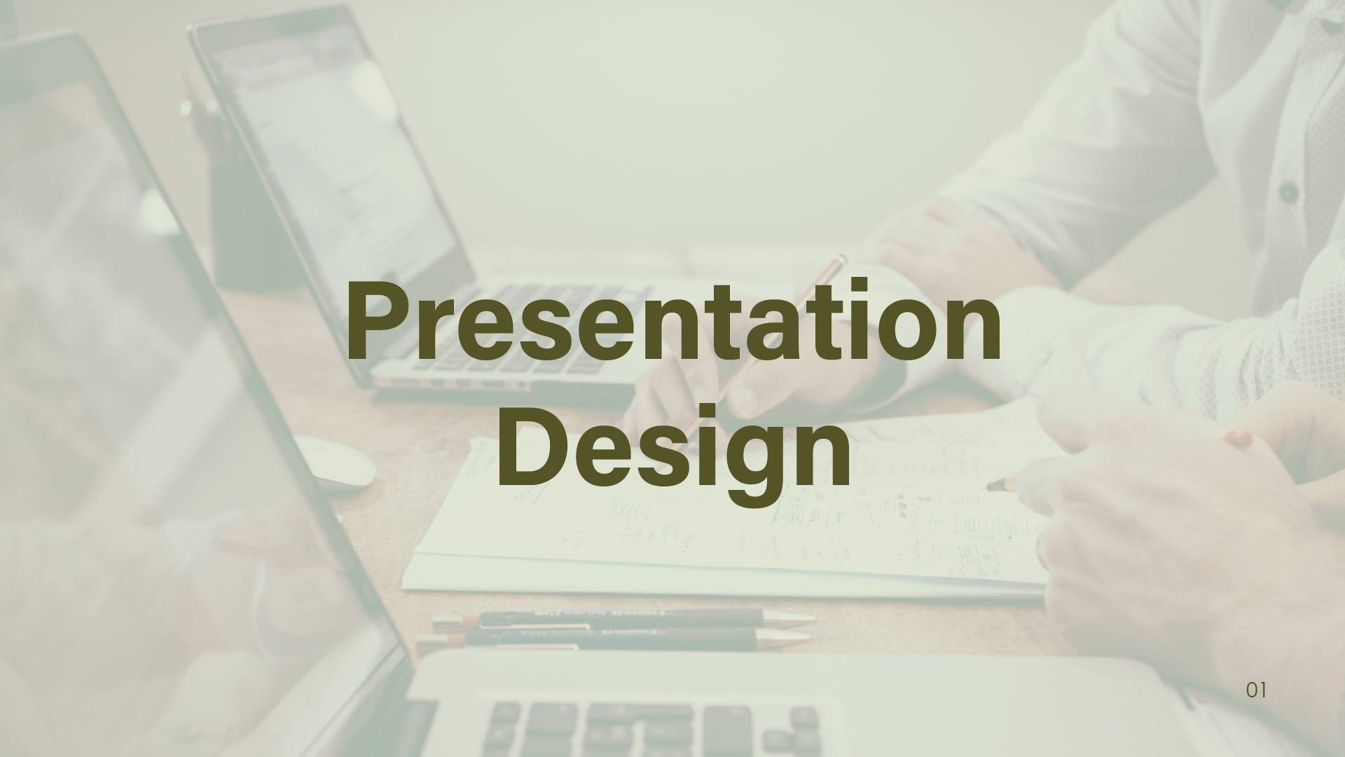 A presentation slide with the words 'Presentation Design' in bold, overlaid on an image of hands typing on a laptop