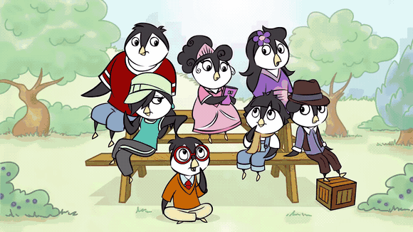 A group of seven animated penguins dressed in various colorful clothing, sitting on a wooden bench and the ground in a park with trees and bushes in the background.