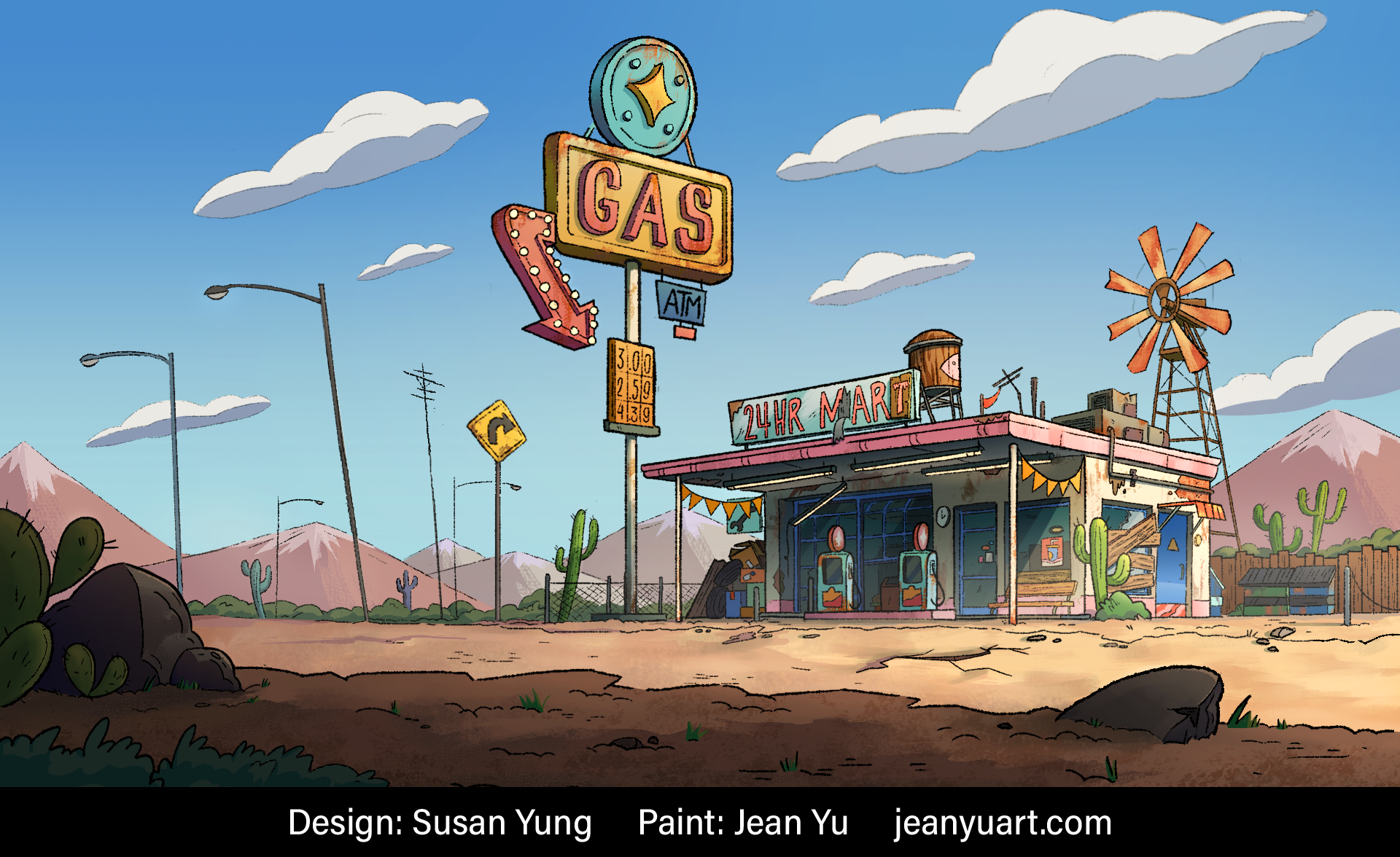 A cartoon-style gas station in a desert landscape with mountains and cacti. The station has a large colorful sign with the word 'GAS'.