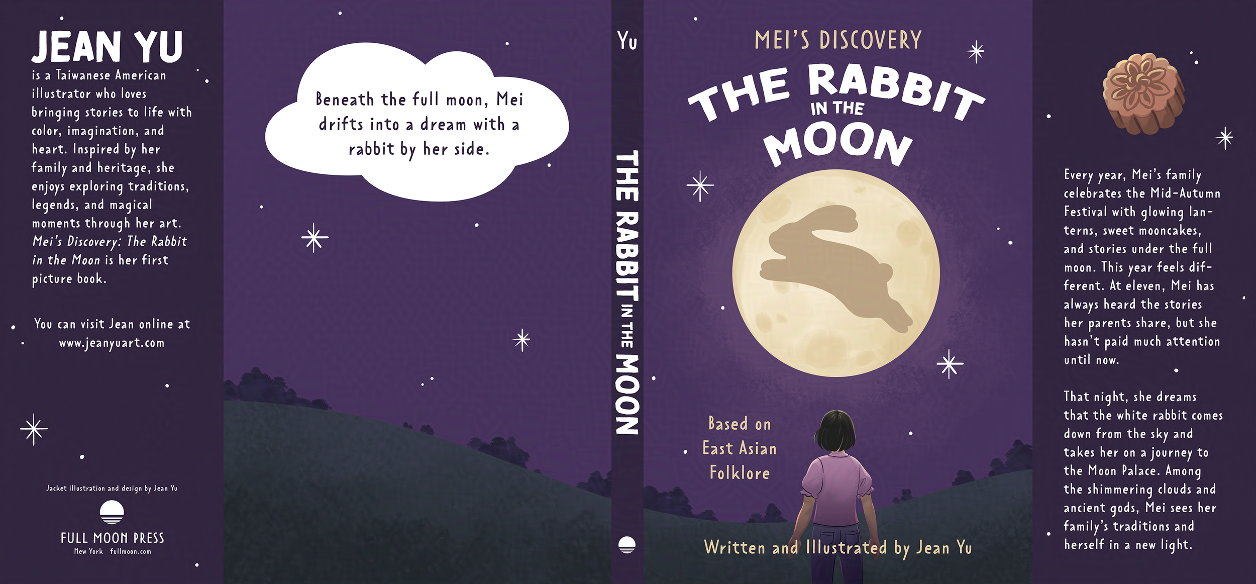 Book jacket design titled "The Rabbit in the Moon" by Jean Yu. The cover features a night sky with stars, a large full moon with a rabbit silhouette on it, and a girl looking up at the moon.