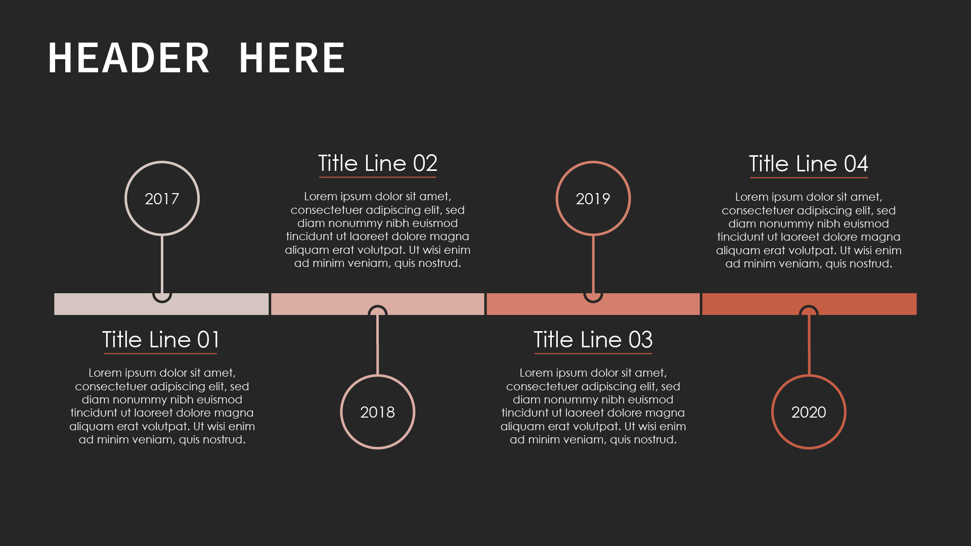 A dark-themed presentation slide with a timeline graphic. The timeline features five marked years (2017 to 2021).