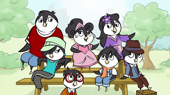 Group of cartoon penguins dressed in casual clothing sitting on benches outdoors with trees and sky in the background.