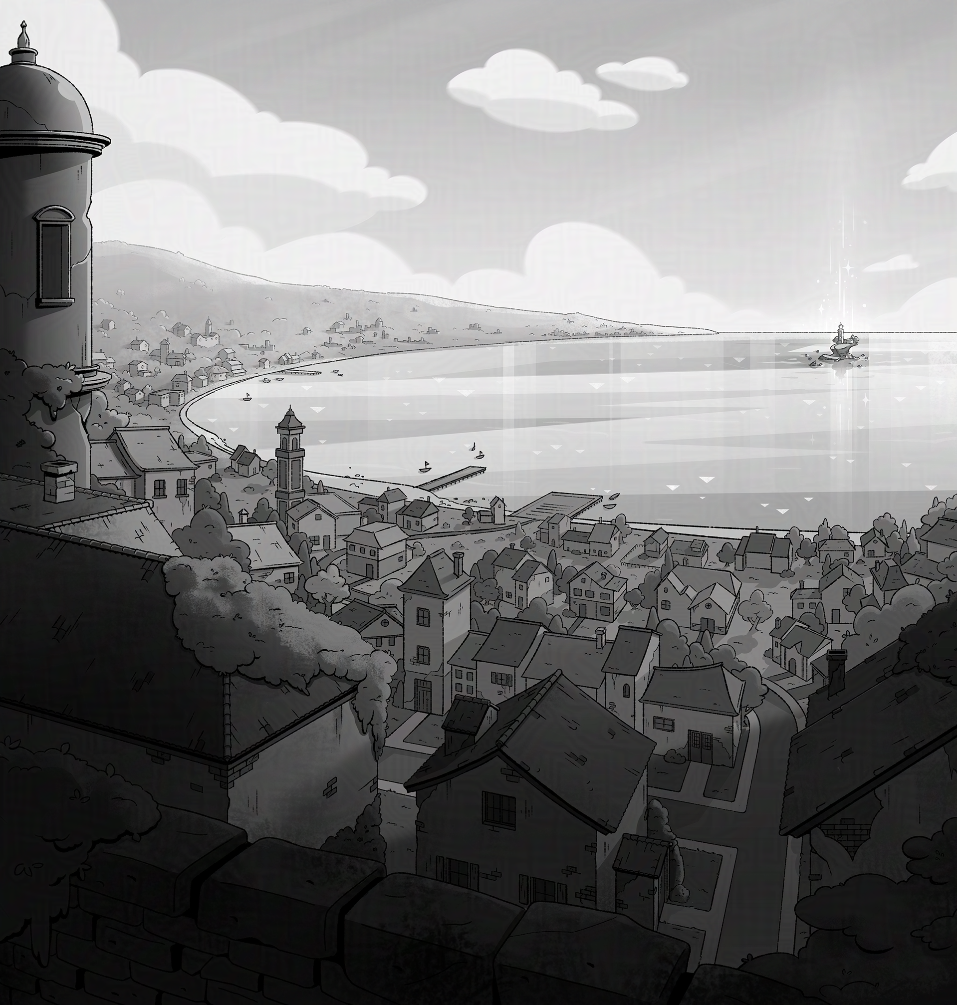 Illustration of the lighthouse from a distance, a coastal town in the foreground, boats in the water, and the ocean.