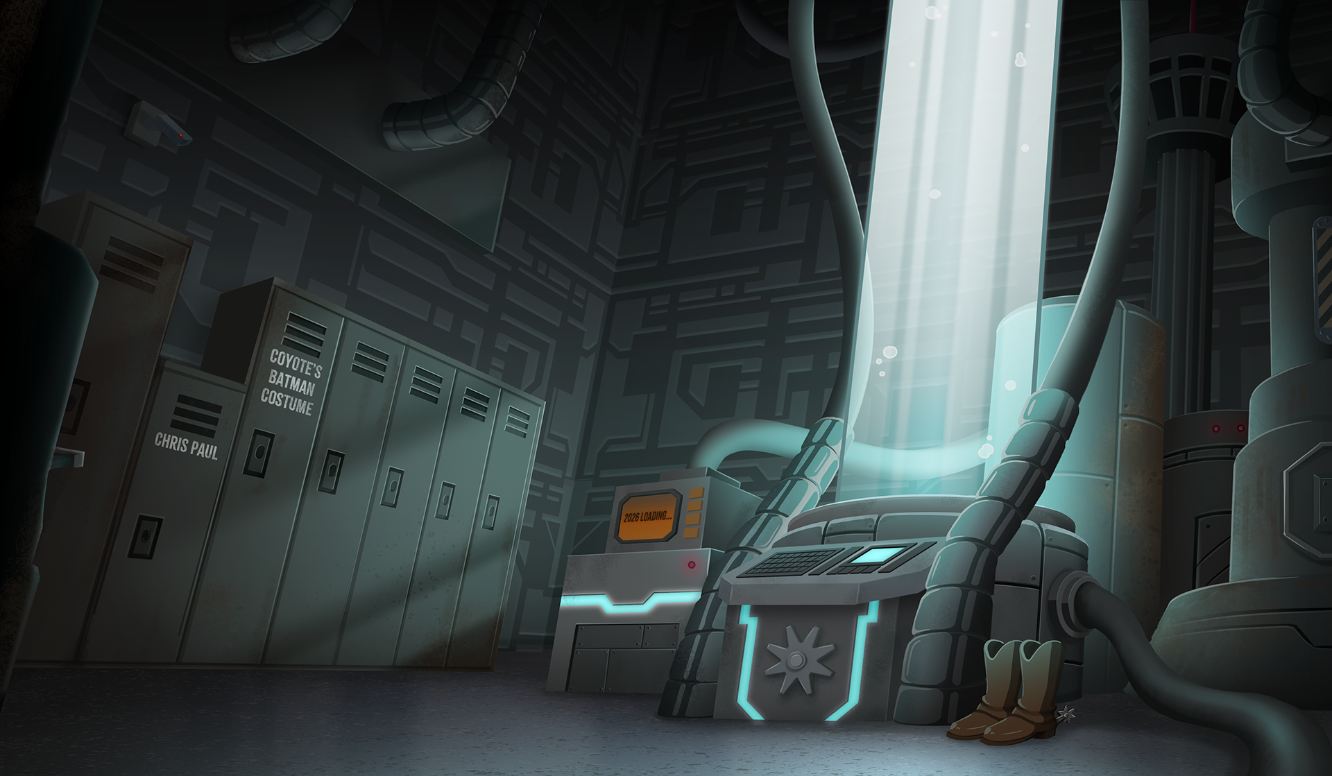 A futuristic room with lockers and a glowing cryotherapy chamber.