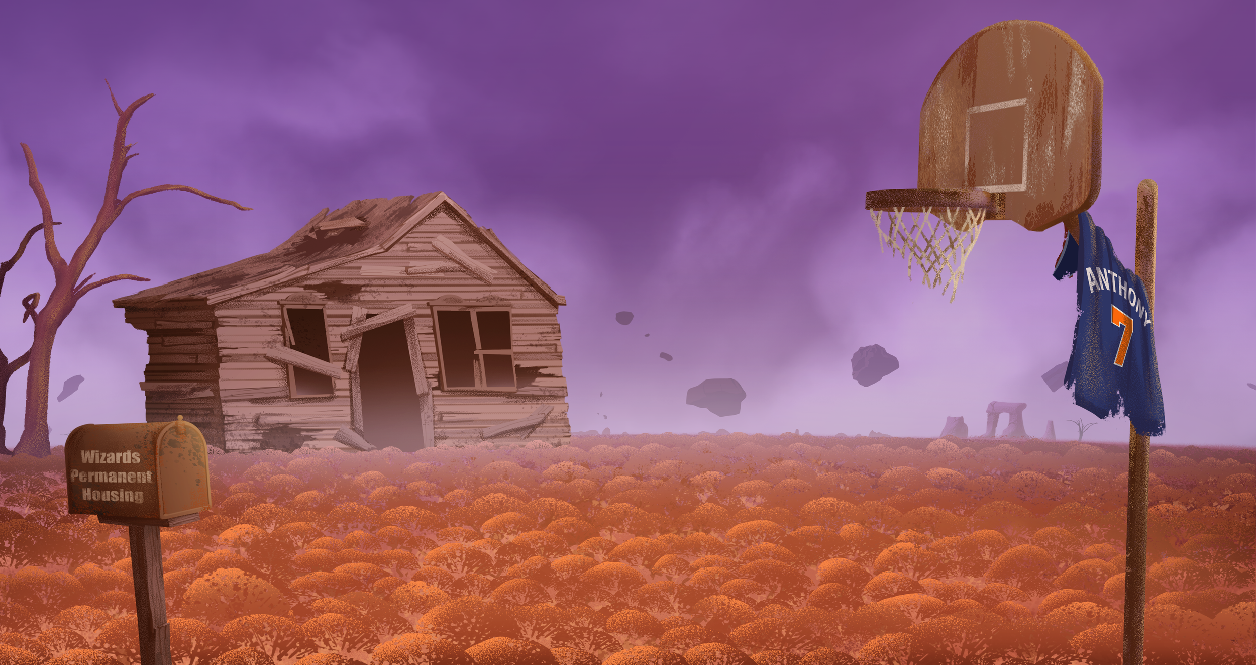 	
A surreal landscape with rolling hills covered in orange bushes, a run down shed, and a rusty basketball hoop.