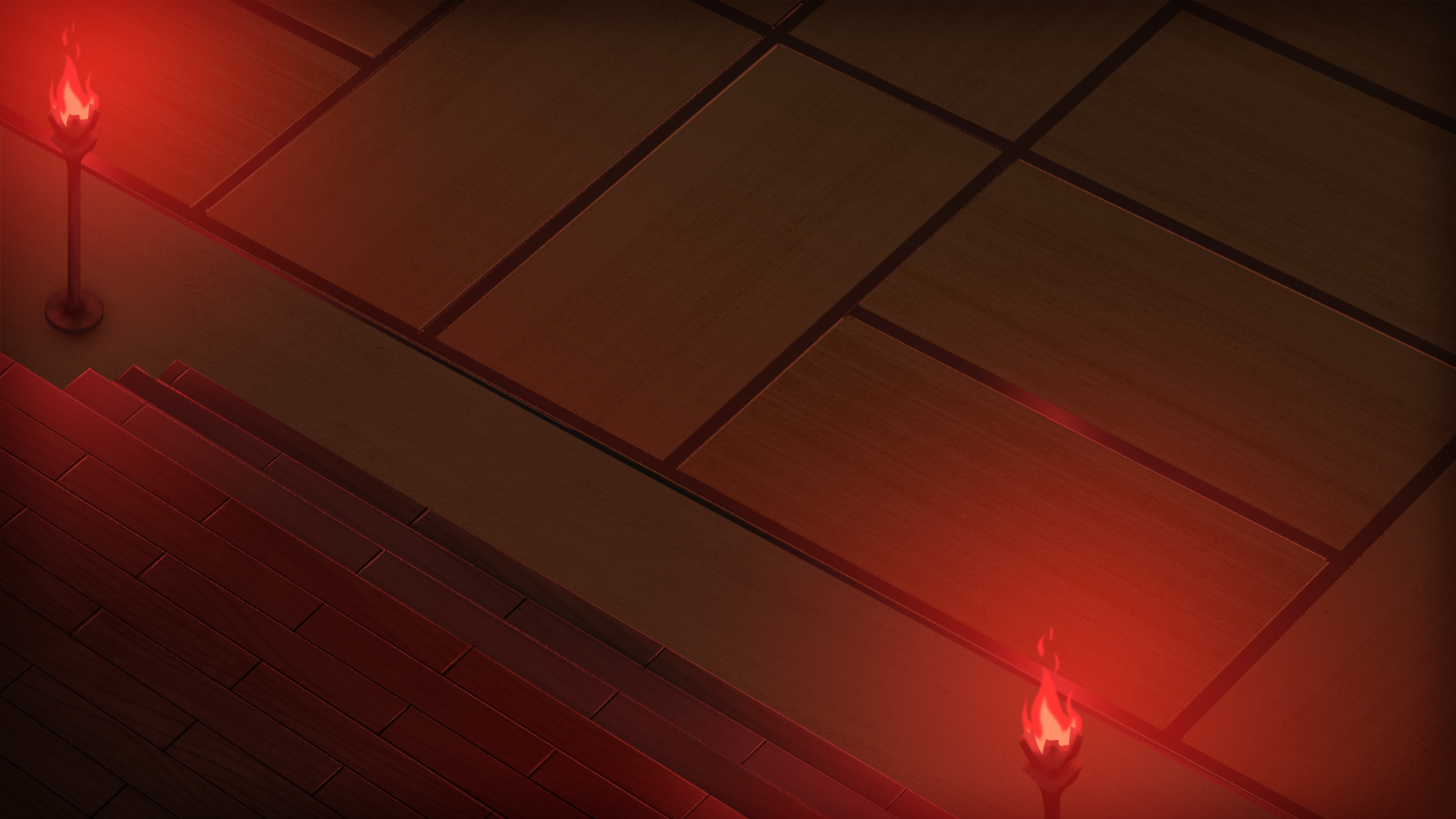 Top-down view of a japanese dojo with red torches casting a red glow.