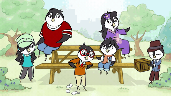Five animated penguin characters in a park-like setting with trees and bushes, some sitting on a wooden picnic table and a bench.