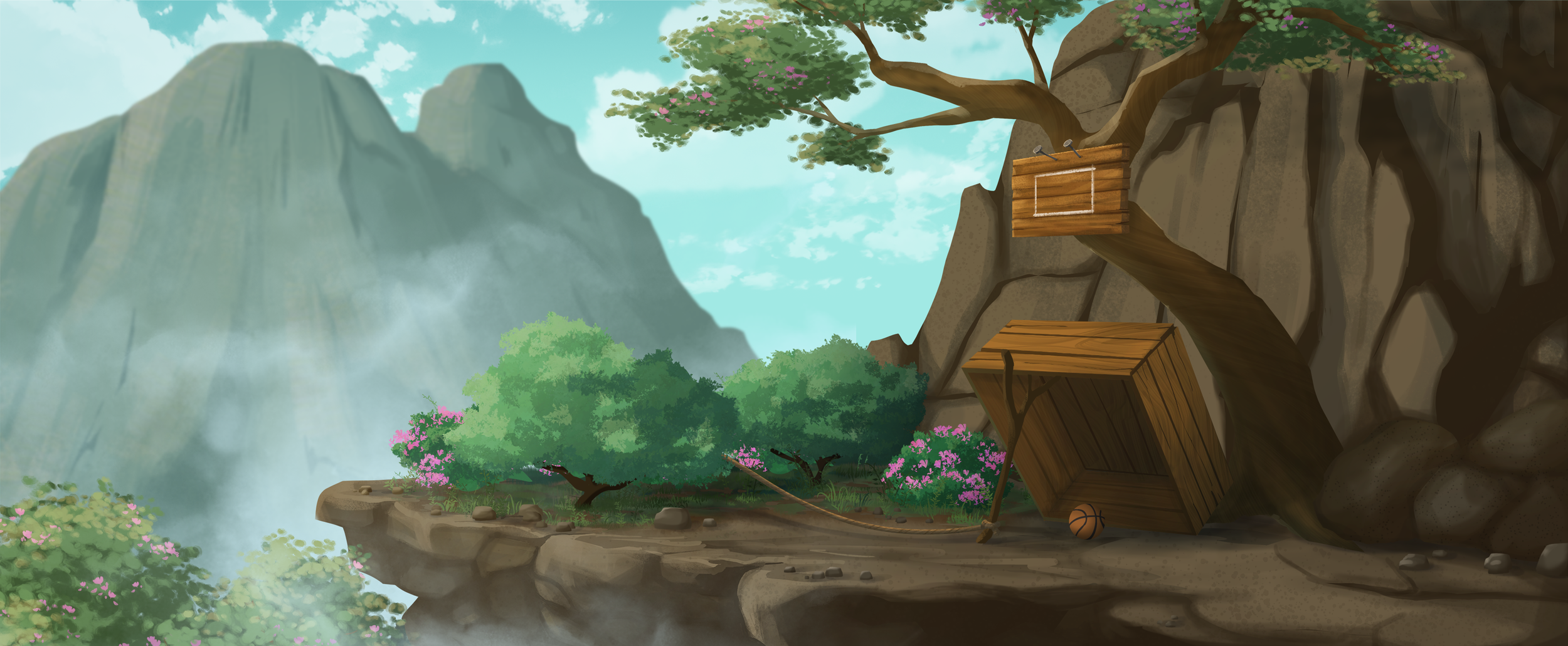 An illustration of a cliffside with a tree, basketball hoop, wooden box trap, and mountains in the background.