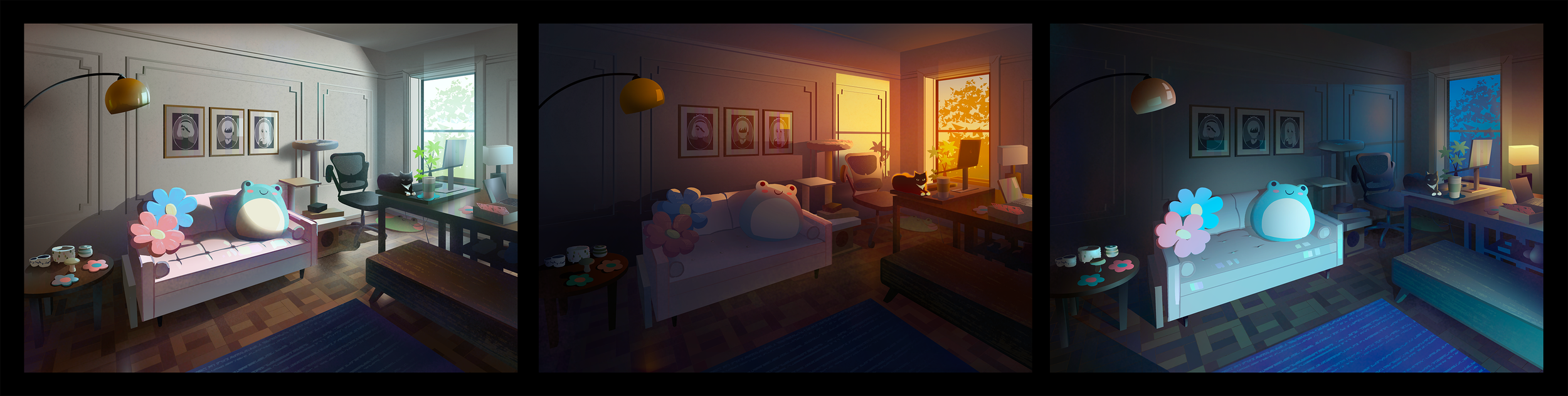 Three side-by-side digital images of a living room , each showing different lighting and time of day. 